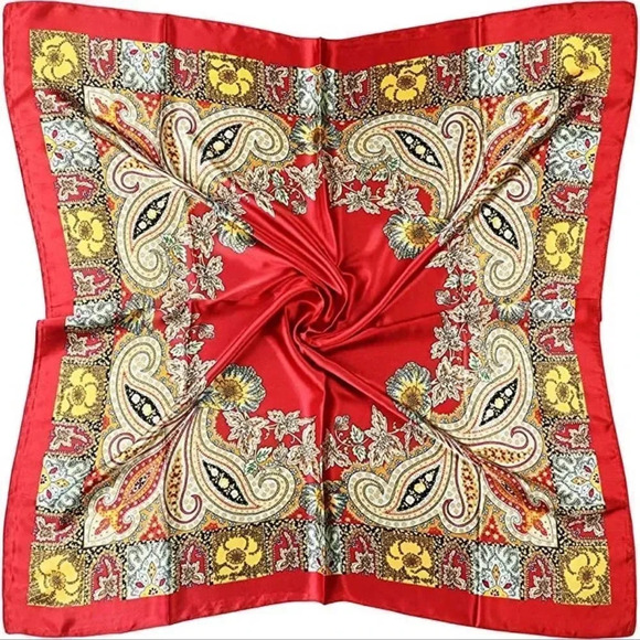 NWOT Large Red Floral Silk Scarf Head Wrap 35 inch x 35 inch - Picture 2 of 3